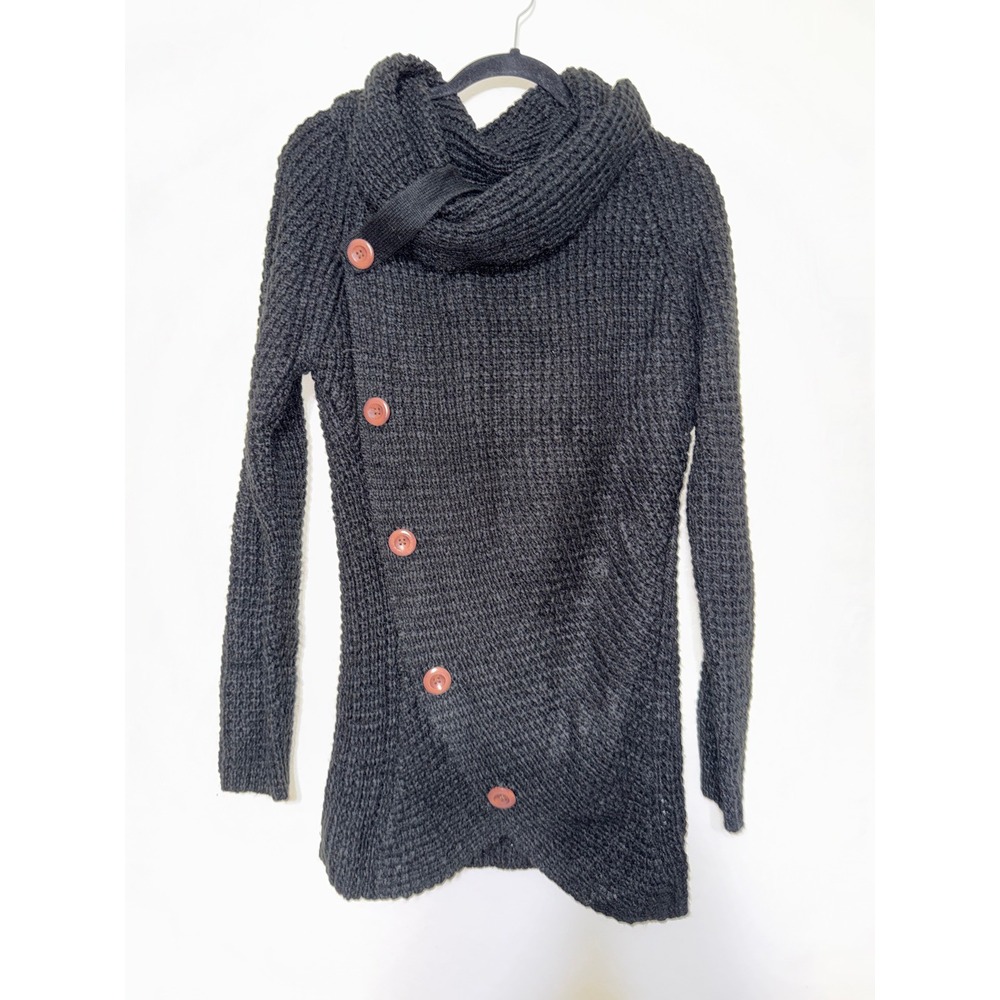 Womens Charcoal Gray Chunky‎ Knit Asymmetrical Button Cowl Neck Sweater L